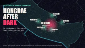 Illustrated night map of Hongdae and Mapo-gu from above, with Sangsu, Hapjeong, Yeonnam, Seogyo and Sinchon glowing