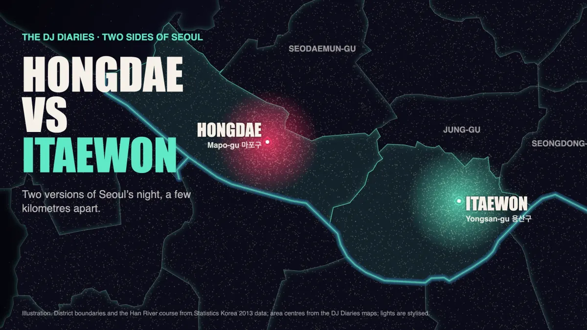 Two Clocks, One City: Hongdae and Itaewon at Night