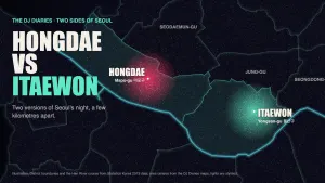 Illustrated night map of Seoul from above, with Hongdae in Mapo-gu and Itaewon in Yongsan-gu glowing