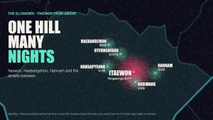 Illustrated night map of Itaewon from above, with Itaewon, Haebangchon, Hannam, Noksapyeong and Bogwang glowing