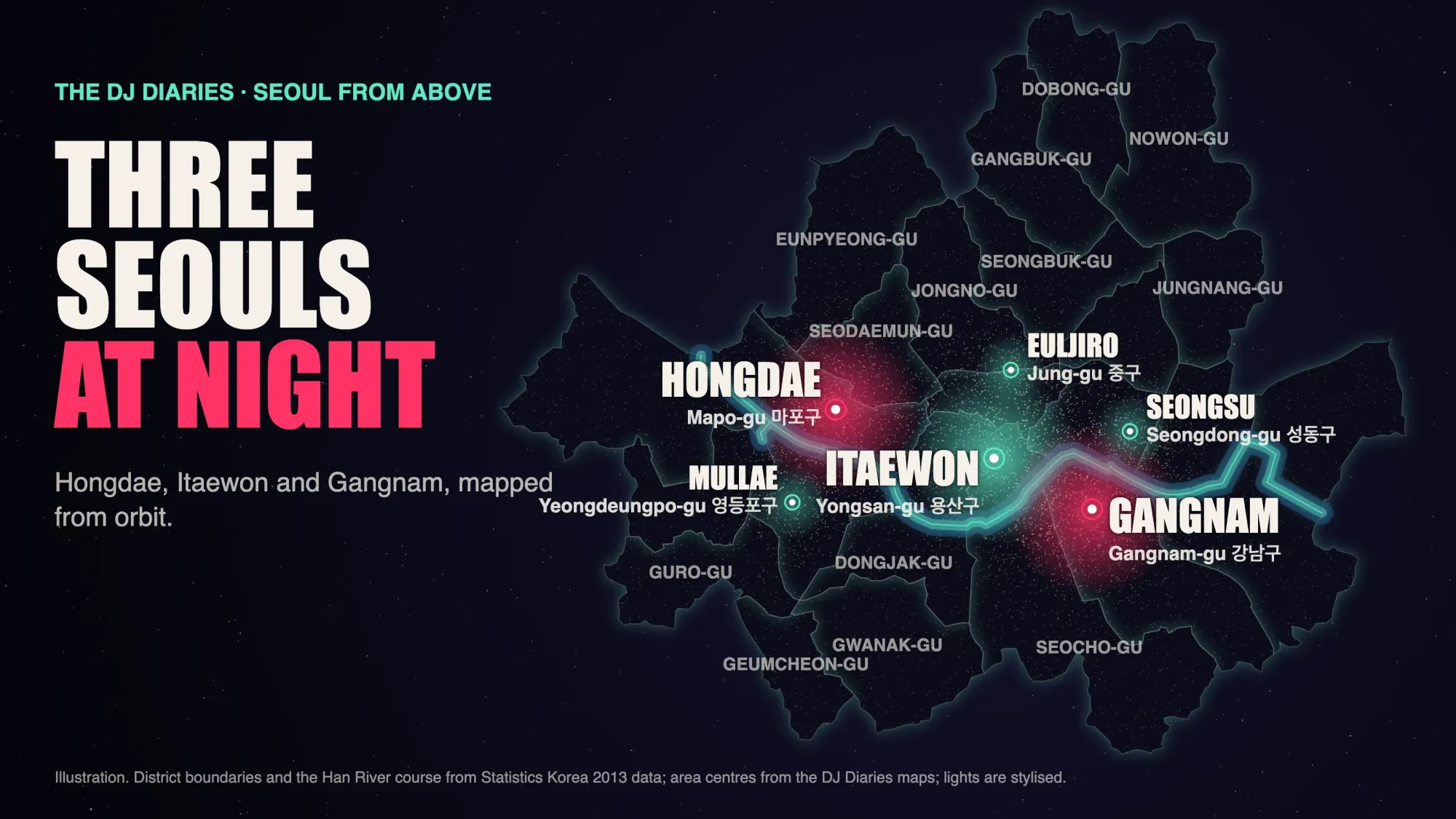 Illustrated map of Seoul from above at night showing the 25 districts, the Han River, and Hongdae, Itaewon, Gangnam, Seongsu, Euljiro and Mullae glowing