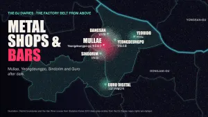 Illustrated night map of Mullae, Yeongdeungpo, Yeouido and Guro from above, glowing along the Han River