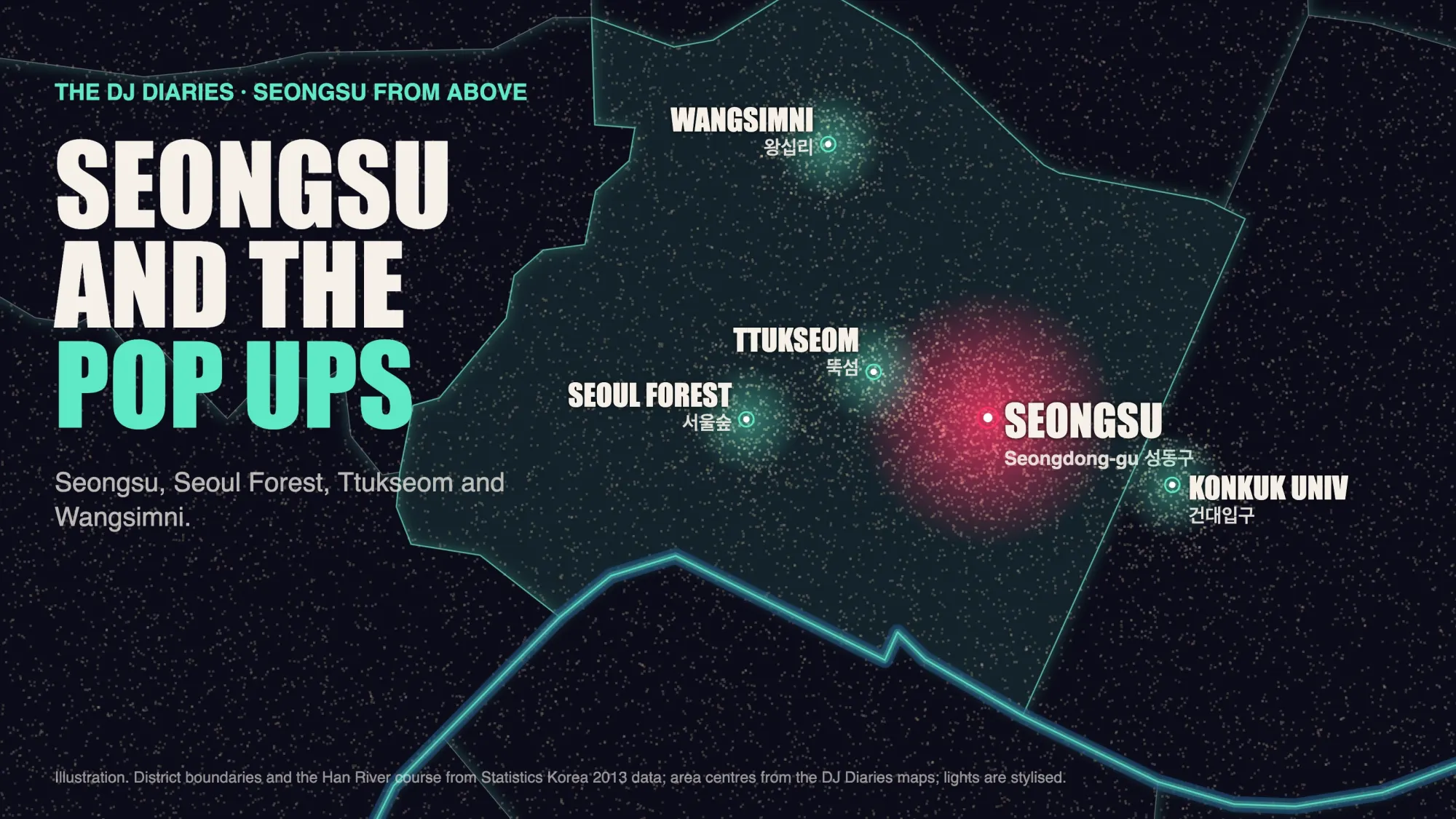 Illustrated night map of Seongsu and Seongdong-gu from above, with Seongsu, Seoul Forest, Ttukseom and Wangsimni glowing
