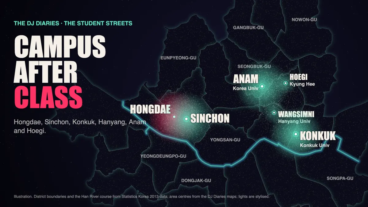 Illustrated night map of Seoul from above, with the student drinking streets around Hongdae, Sinchon, Konkuk, Hanyang, Anam and Hoegi glowing