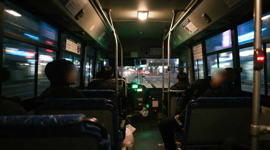 Clubbers riding a Seoul late-night bus at 2am, neon streaking past the windows