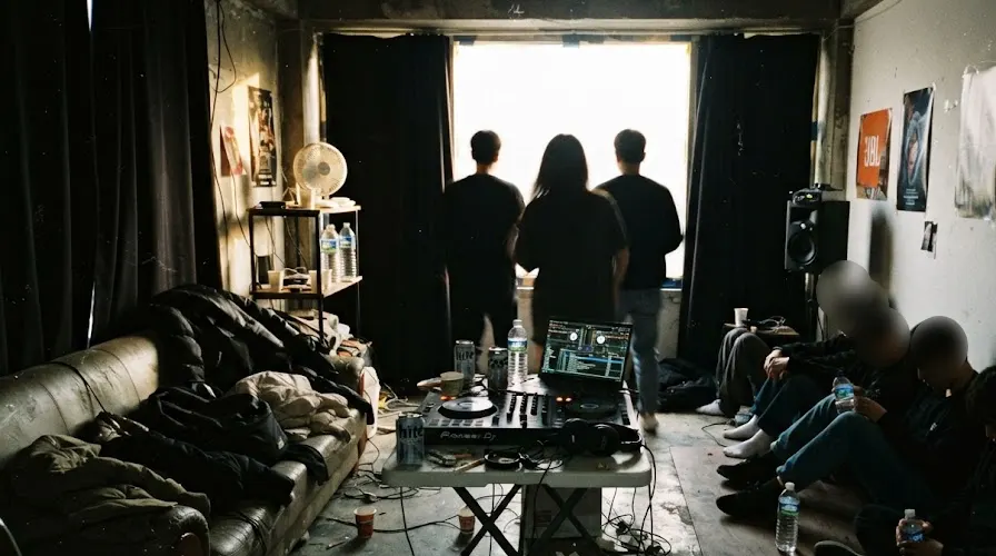 An after-hours party in a Seoul loft, morning light leaking around blackout curtains