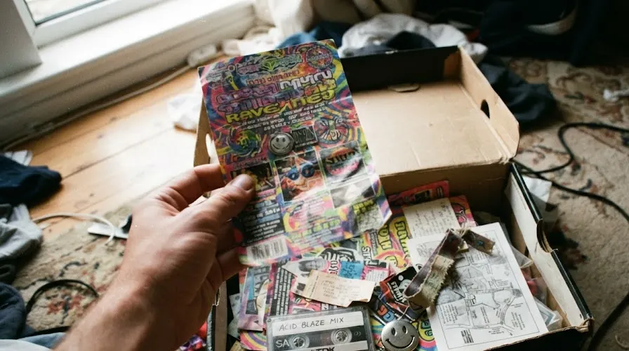 A shoebox of 1990s rave flyers, ticket stubs and a mixtape, one flyer held up to the light