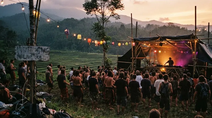 A small hillside dance music festival above rice terraces at sunset, the crowd facing a bamboo stage