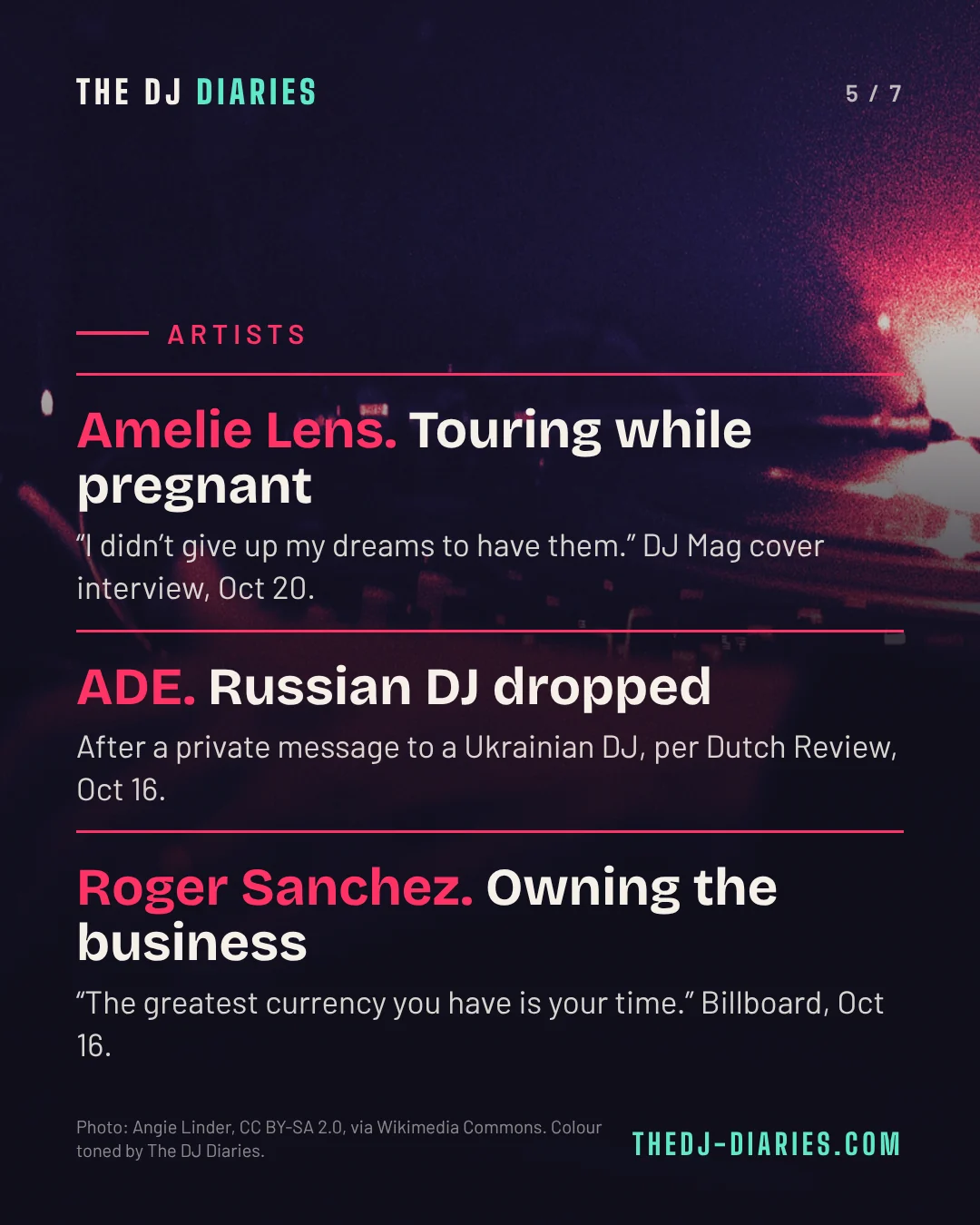 Carousel slide: Amelie Lens on touring while pregnant, a Russian DJ dropped by ADE, Roger Sanchez on owning the business