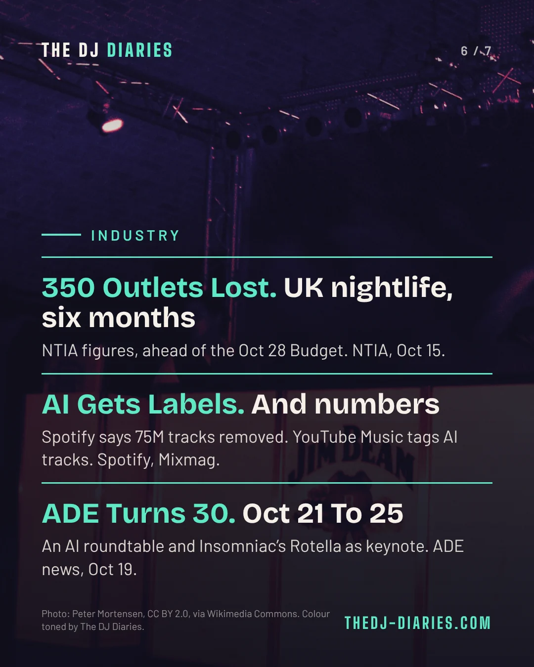 Carousel slide: UK nightlife loses 350 outlets, AI music gets labels, ADE turns 30