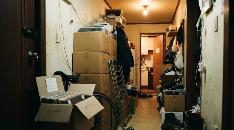 Boxes of unsold vinyl stacked in the hallway of a small Seoul apartment