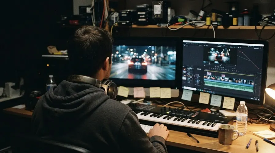 An editor at two monitors cutting a night driving scene to a music track